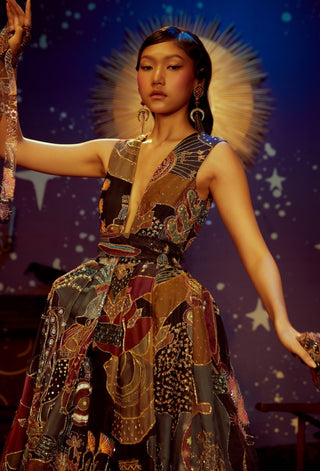 Aisha Rao-Dark Printed Embellished Gown-INDIASPOPUP.COM