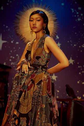 Aisha Rao-Dark Printed Embellished Gown-INDIASPOPUP.COM