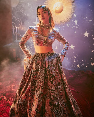 Aisha Rao-Dark Printed Embellished Lehenga Set-INDIASPOPUP.COM