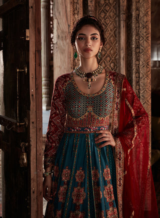 Kalista-Samaira Teal Blue Anarkali With Dupatta-INDIASPOPUP.COM