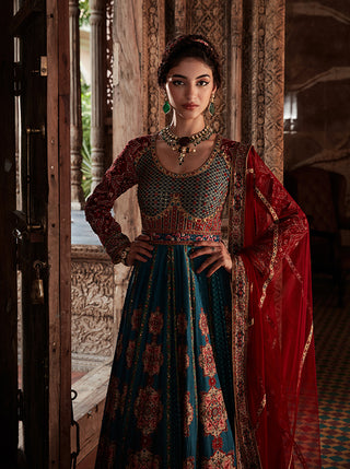 Kalista-Samaira Teal Blue Anarkali With Dupatta-INDIASPOPUP.COM