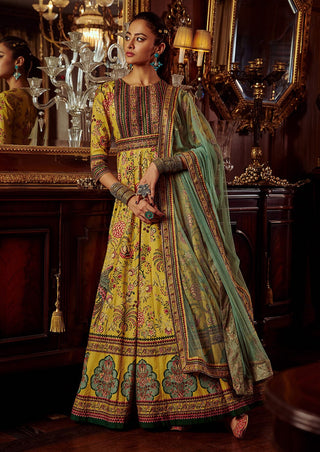Kalista-Bageecha Yellow Peacock Anarkali With Dupatta-INDIASPOPUP.COM