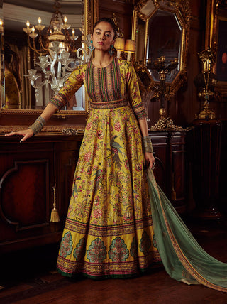 Kalista-Bageecha Yellow Peacock Anarkali With Dupatta-INDIASPOPUP.COM