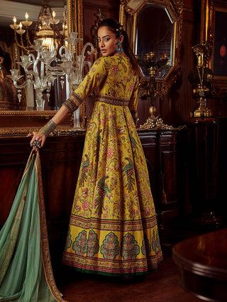 Kalista-Bageecha Yellow Peacock Anarkali With Dupatta-INDIASPOPUP.COM