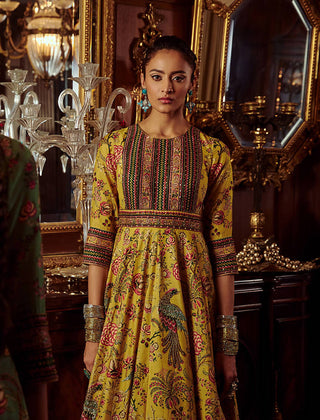 Kalista-Bageecha Yellow Peacock Anarkali With Dupatta-INDIASPOPUP.COM