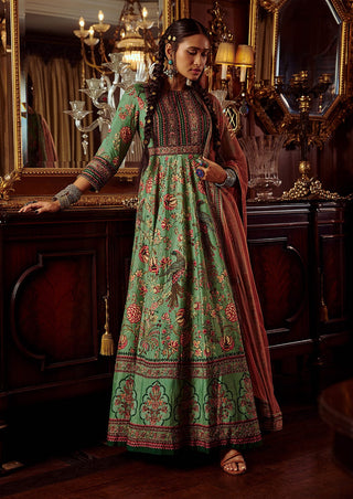 Kalista-Bageecha Green Peacock Anarkali With Dupatta-INDIASPOPUP.COM
