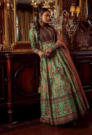 Kalista-Bageecha Green Peacock Anarkali With Dupatta-INDIASPOPUP.COM