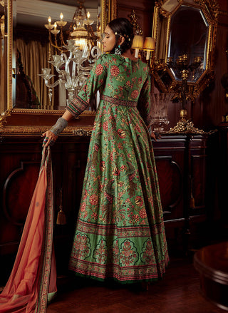 Kalista-Bageecha Green Peacock Anarkali With Dupatta-INDIASPOPUP.COM