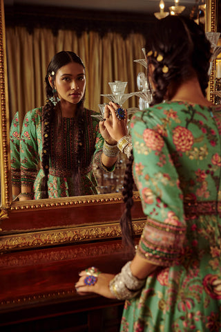 Kalista-Bageecha Green Peacock Anarkali With Dupatta-INDIASPOPUP.COM