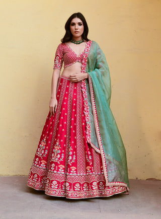 Chamee And Palak-Amber Red Silk Embroidered Lehenga Set-INDIASPOPUP.COM