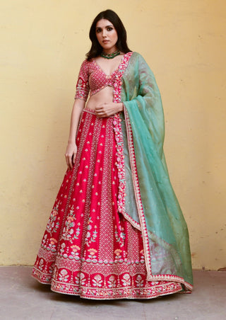 Chamee And Palak-Amber Red Silk Embroidered Lehenga Set-INDIASPOPUP.COM