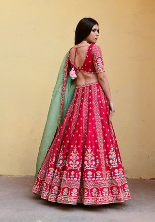 Chamee And Palak-Amber Red Silk Embroidered Lehenga Set-INDIASPOPUP.COM