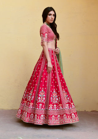 Chamee And Palak-Amber Red Silk Embroidered Lehenga Set-INDIASPOPUP.COM