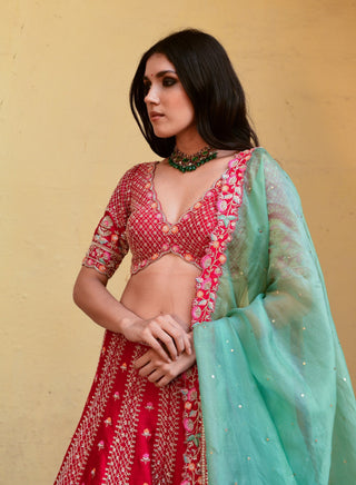 Chamee And Palak-Amber Red Silk Embroidered Lehenga Set-INDIASPOPUP.COM