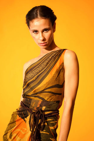 Nikita Mhaisalkar-Tropical Mustard Print One Shoulder Dress-INDIASPOPUP.COM