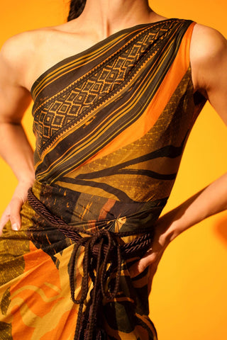 Nikita Mhaisalkar-Tropical Mustard Print One Shoulder Dress-INDIASPOPUP.COM