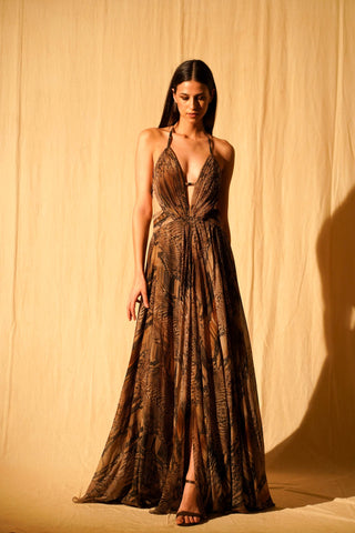 Nikita Mhaisalkar-Natural Python Print Maxi With High Slit-INDIASPOPUP.COM