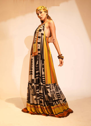 Nikita Mhaisalkar-White Black Aztec Print Maxi Dress-INDIASPOPUP.COM