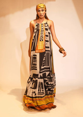 Nikita Mhaisalkar-White Black Aztec Print Maxi Dress-INDIASPOPUP.COM