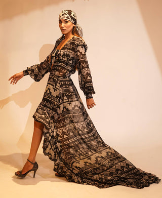 Nikita Mhaisalkar-Black Base Aztec Print Maxi With Tube-INDIASPOPUP.COM