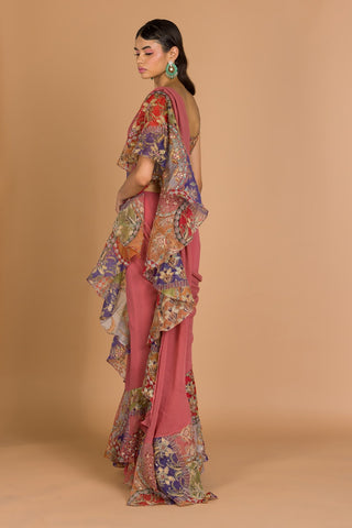 Aisha Rao-Tropical Peach Saree With Blouse-INDIASPOPUP.COM