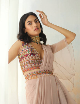 Aman Takyar-Light Beige Pre-Draped Ruffle Saree Set-INDIASPOPUP.COM