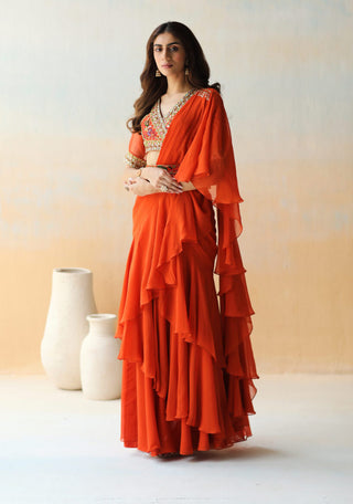 Aman Takyar-Fire Rust Pre-Draped Ruffle Saree Set-INDIASPOPUP.COM