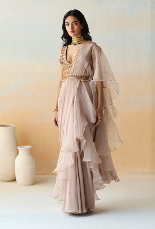 Aman Takyar-Light Beige Pre-Draped Ruffle Saree Set-INDIASPOPUP.COM