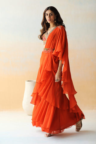 Aman Takyar-Fire Rust Pre-Draped Ruffle Saree Set-INDIASPOPUP.COM