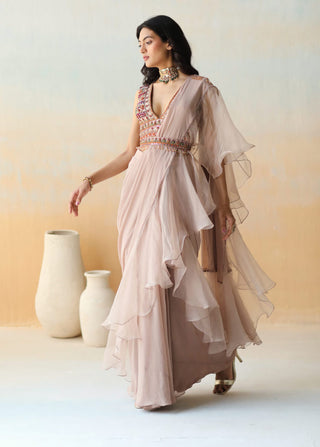 Aman Takyar-Light Beige Pre-Draped Ruffle Saree Set-INDIASPOPUP.COM