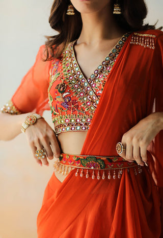 Aman Takyar-Fire Rust Pre-Draped Ruffle Saree Set-INDIASPOPUP.COM