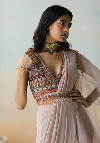 Aman Takyar-Light Beige Pre-Draped Ruffle Saree Set-INDIASPOPUP.COM