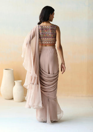 Aman Takyar-Light Beige Pre-Draped Ruffle Saree Set-INDIASPOPUP.COM