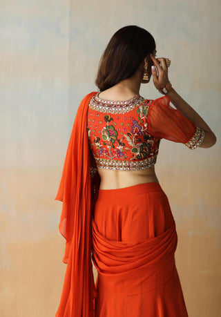 Aman Takyar-Fire Rust Pre-Draped Ruffle Saree Set-INDIASPOPUP.COM