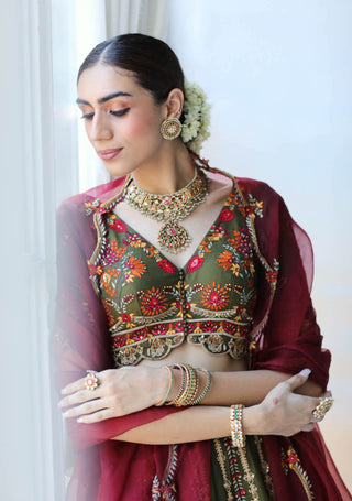 Aman Takyar-Deep Olive Green Lehenga Set-INDIASPOPUP.COM