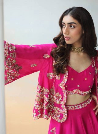 Aman Takyar-Fuchsia Pink Lehenga With Blouse And Cape-INDIASPOPUP.COM