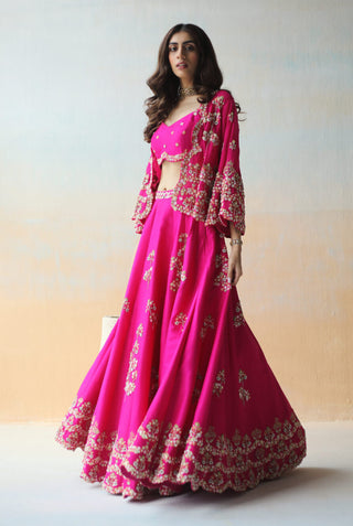 Aman Takyar-Fuchsia Pink Lehenga With Blouse And Cape-INDIASPOPUP.COM