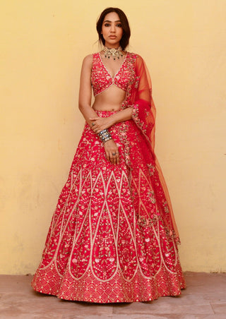 Chamee And Palak-Athena Red Embroidered Lehenga Set-INDIASPOPUP.COM