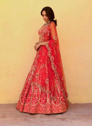 Chamee And Palak-Athena Red Embroidered Lehenga Set-INDIASPOPUP.COM