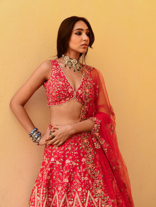 Chamee And Palak-Athena Red Embroidered Lehenga Set-INDIASPOPUP.COM