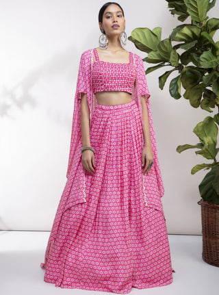Aneesh Agarwaal-Pnk Printed Cape & Lehenga Set-INDIASPOPUP.COM