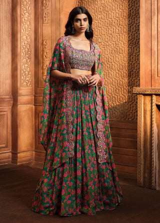 Aneesh Agarwaal-Emerald Green Printed Cape And Skirt Set-INDIASPOPUP.COM