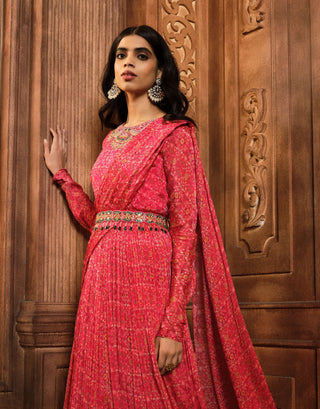 Aneesh Agarwaal-Vermillion Red Draped Anarkali With Belt-INDIASPOPUP.COM