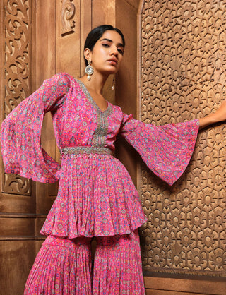 Aneesh Agarwaal-Pink Persian Peplum Sharara Set-INDIASPOPUP.COM