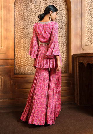 Aneesh Agarwaal-Pink Persian Peplum Sharara Set-INDIASPOPUP.COM