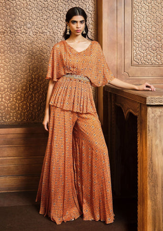 Aneesh Agarwaal-Mustard Flared Peplum Sharara Set-INDIASPOPUP.COM