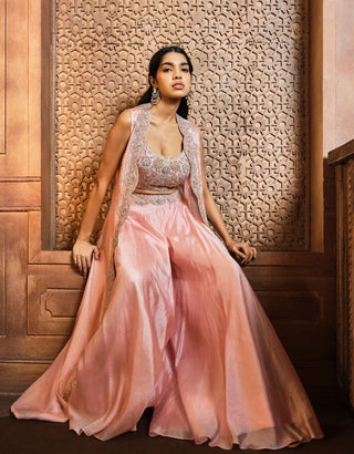 Aneesh Agarwaal-Salmon Pink Zardosi Cape And Sharara Set-INDIASPOPUP.COM