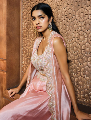 Aneesh Agarwaal-Salmon Pink Zardosi Cape And Sharara Set-INDIASPOPUP.COM