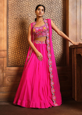 Aneesh Agarwaal-Fuchsia Pink Lehenga And Cape Set-INDIASPOPUP.COM