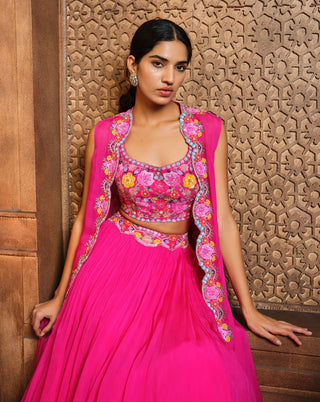 Aneesh Agarwaal-Fuchsia Pink Lehenga And Cape Set-INDIASPOPUP.COM